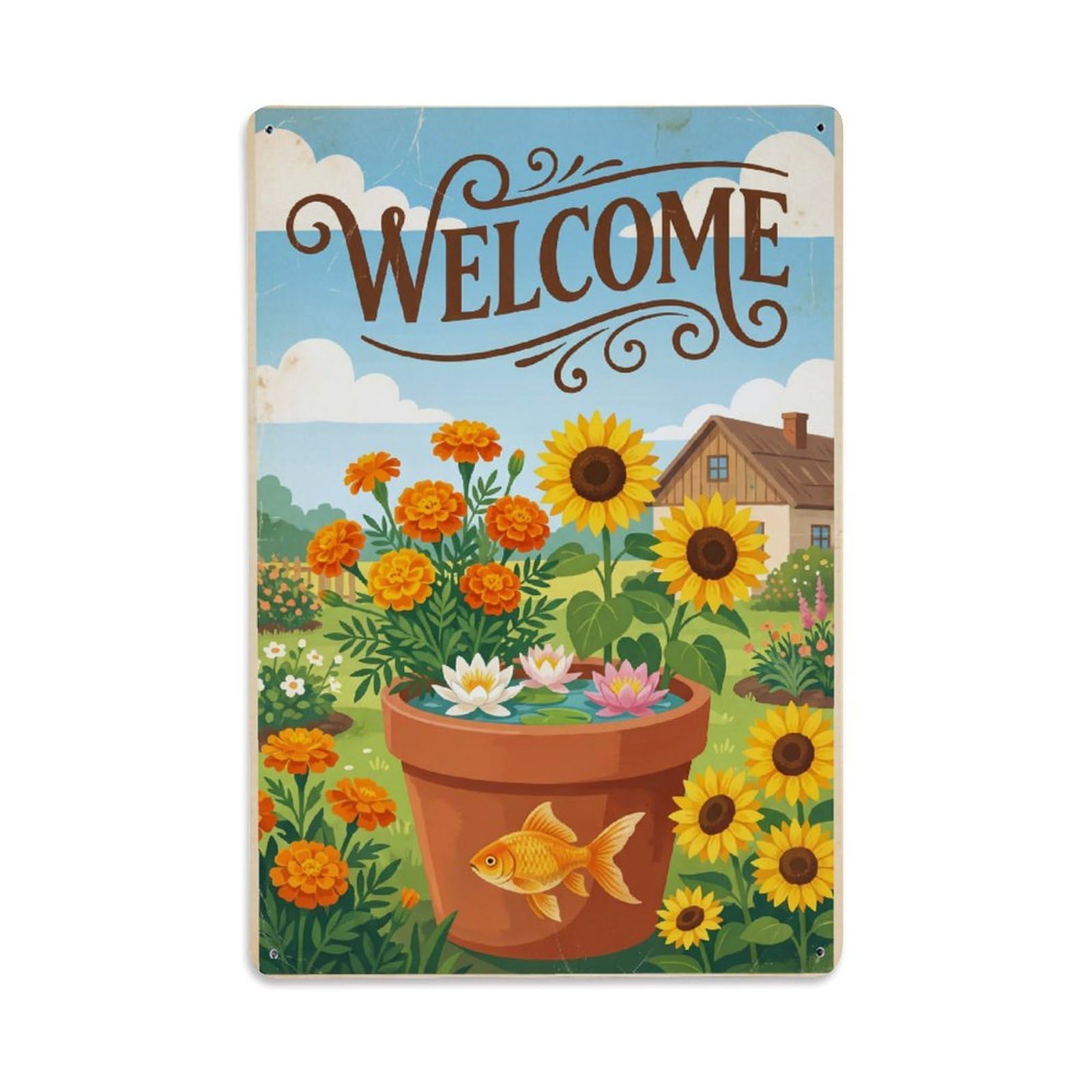 Cxhjca 8X12inch(20X30cm) Vintage Welcome Goldfish Warm Wishes Metal Tin Sign