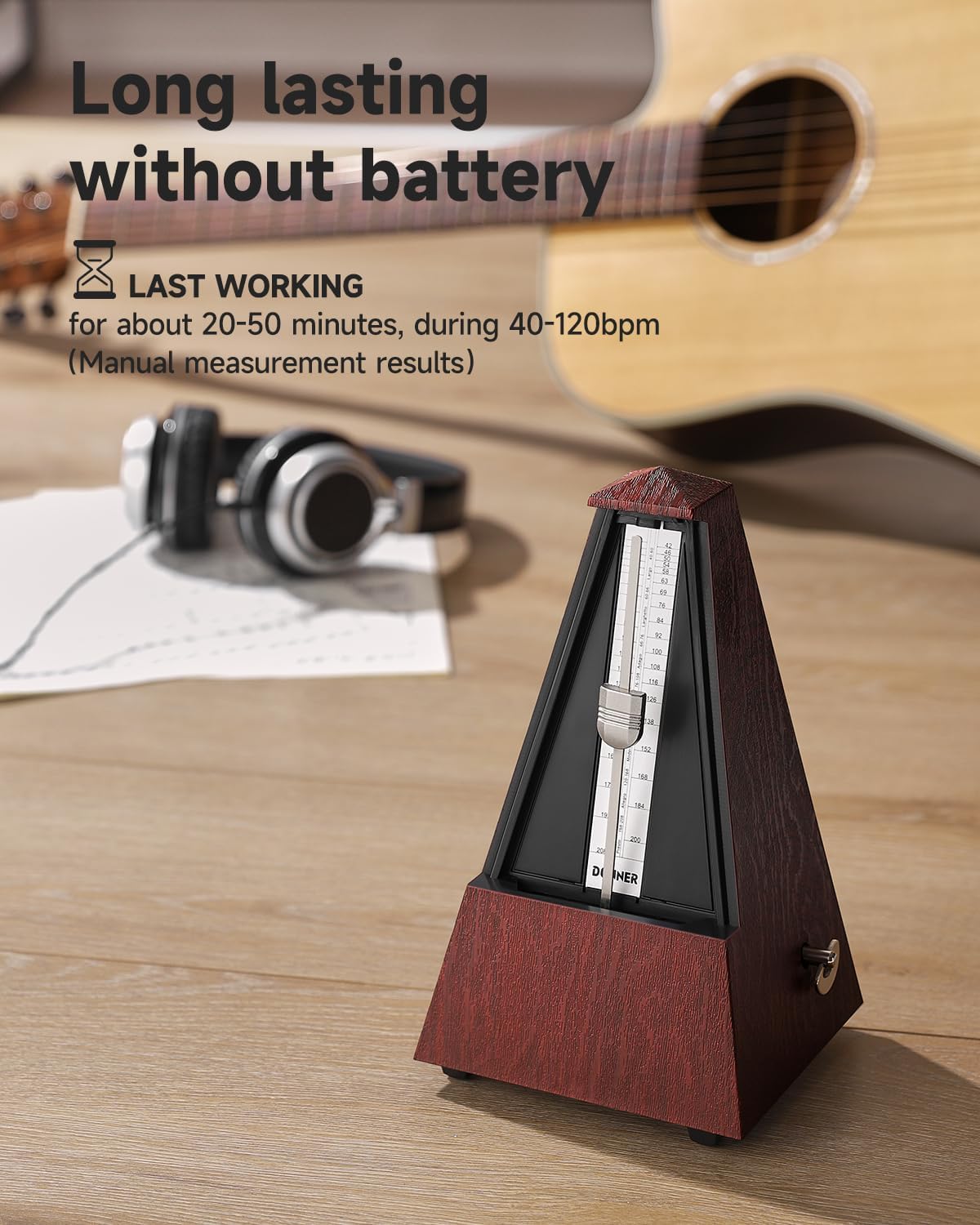 Donner DPM-1 Mechanical Metronome with dimensions and rhythm patterns