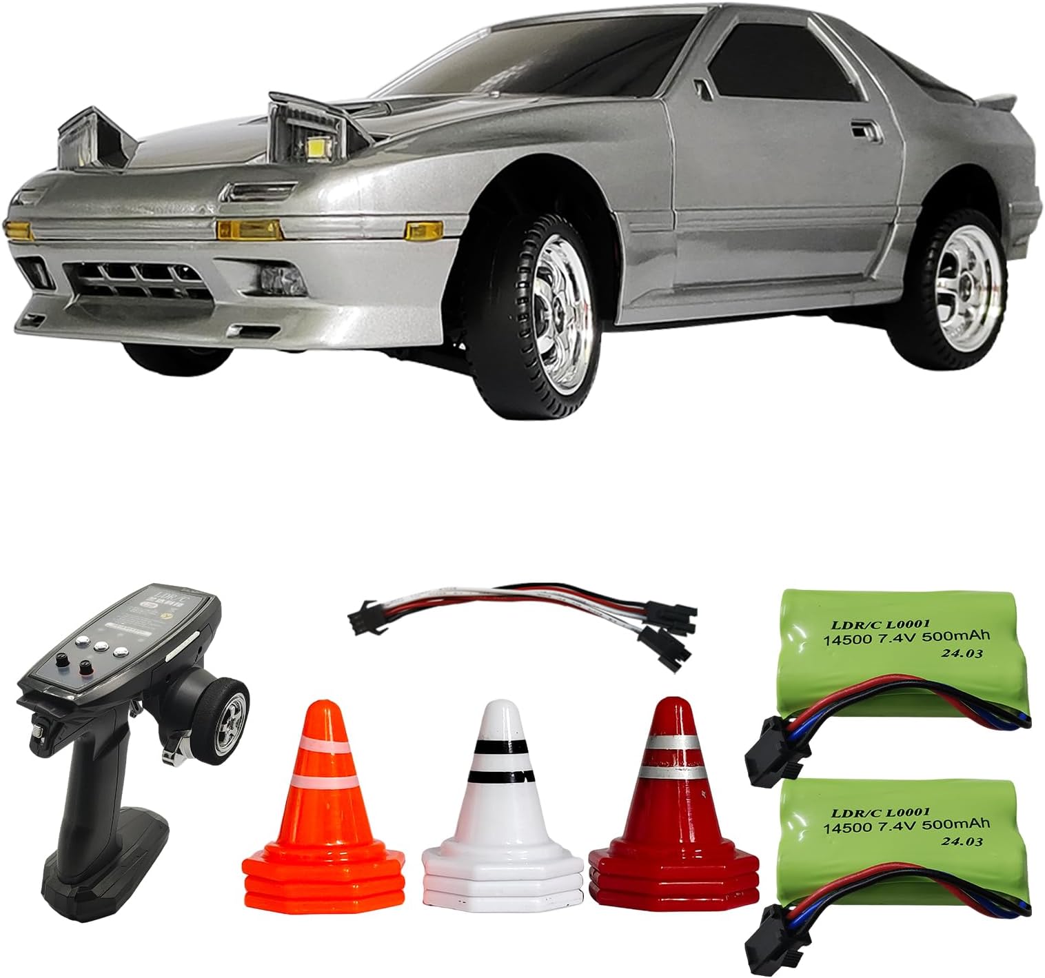 Skymaker LD1802 Drift Car 1:18 Mazda RX-7 FC 2.4GHz Remote Control ESP Gyroscope LED Light Mini RC Racing Car with Two Batteries (Silver)
