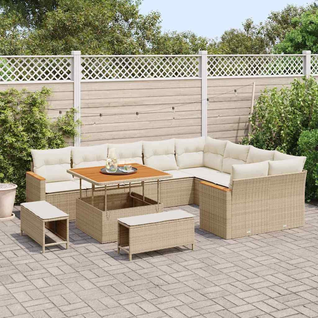 Juego de calcetines modulares para jardín, 12 piezas, ratán de polietileno beige con cojín y espacio de almacenamiento, resistente a la intemperie para terraza y balcón, muebles de patio al