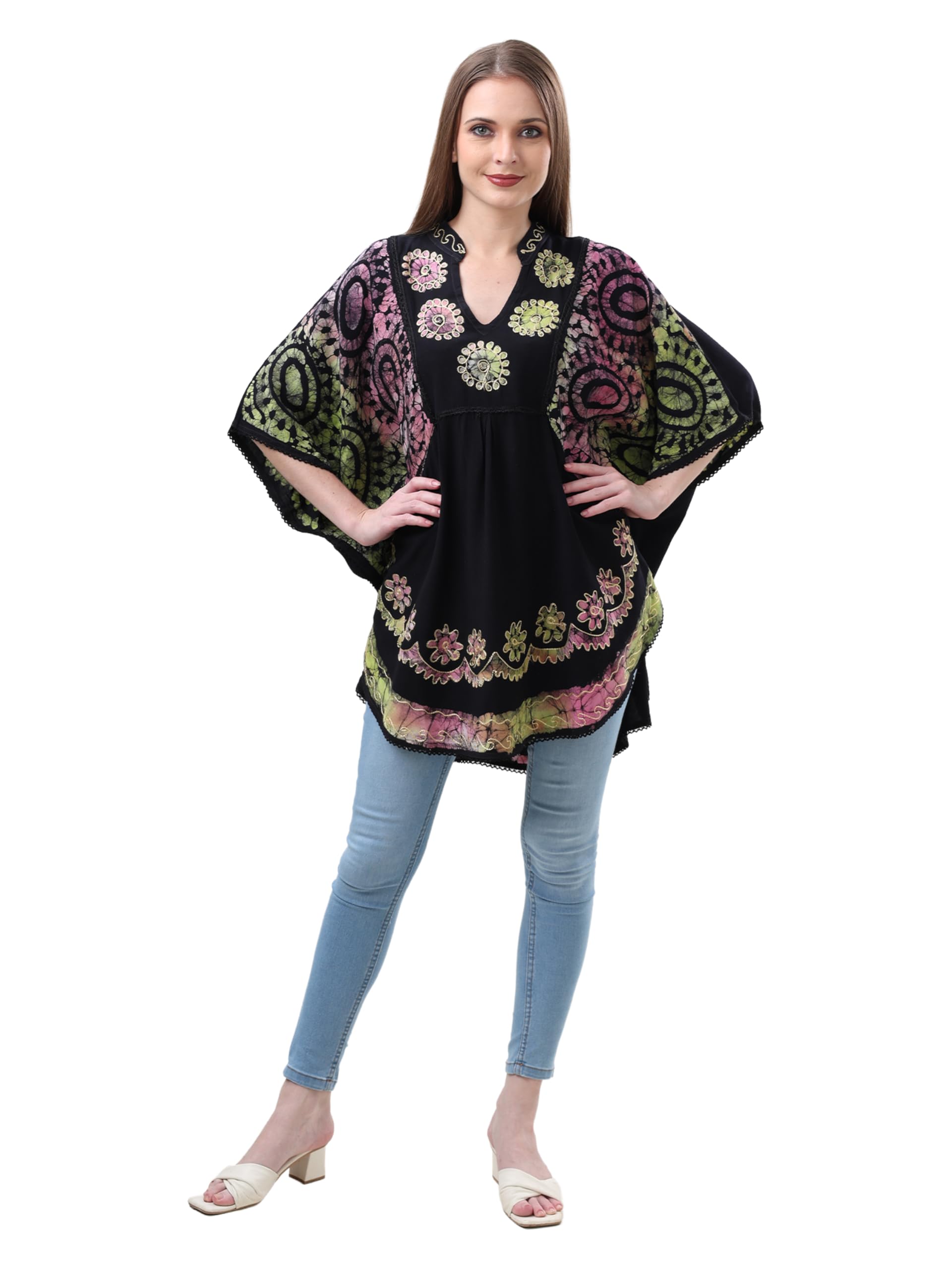 Women's Boho Poncho Top, Black and Brown Cotton Blend, V-Neck, Kimono Batwing Sleeves, Free Size, Floral and Geometric Print, Hip Length-image-27