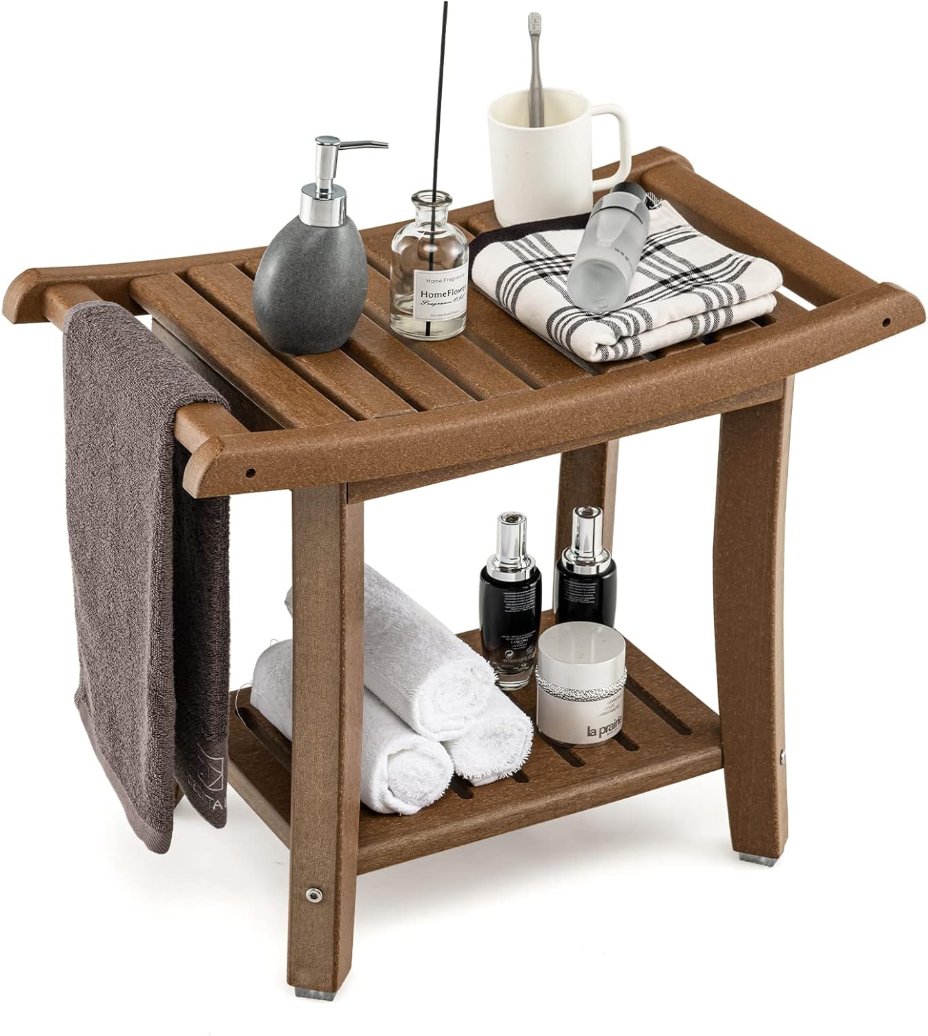 GOFLAME 2-Tier Shower Bench, Spa Bath Shower Stool with Curved Seat, 2 Easy-to-Grip Handles, Storage Shelf & Non-Slip Foot Pads, Waterproof Shower Chair for Bathroom, Living Room, Entryway, Brown