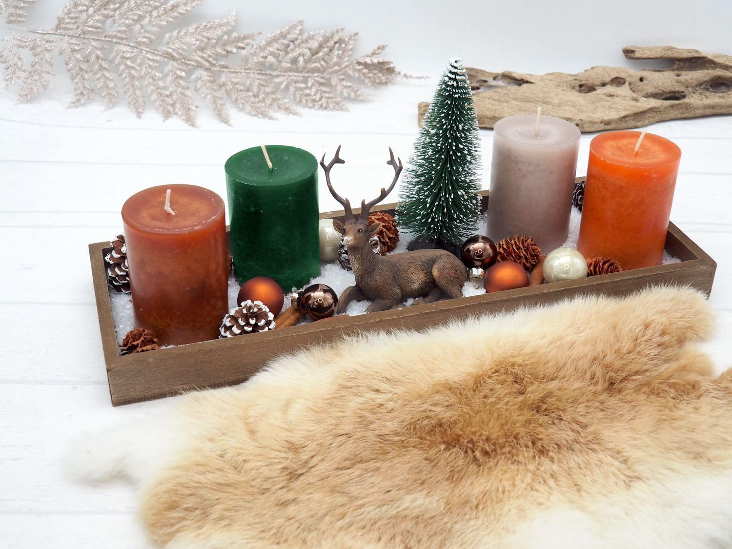 ZauberDeko Tablett Braun Adventsgesteck Hirsch Orange Kerzen Tannenbaum Weihnachten Deko 40cm