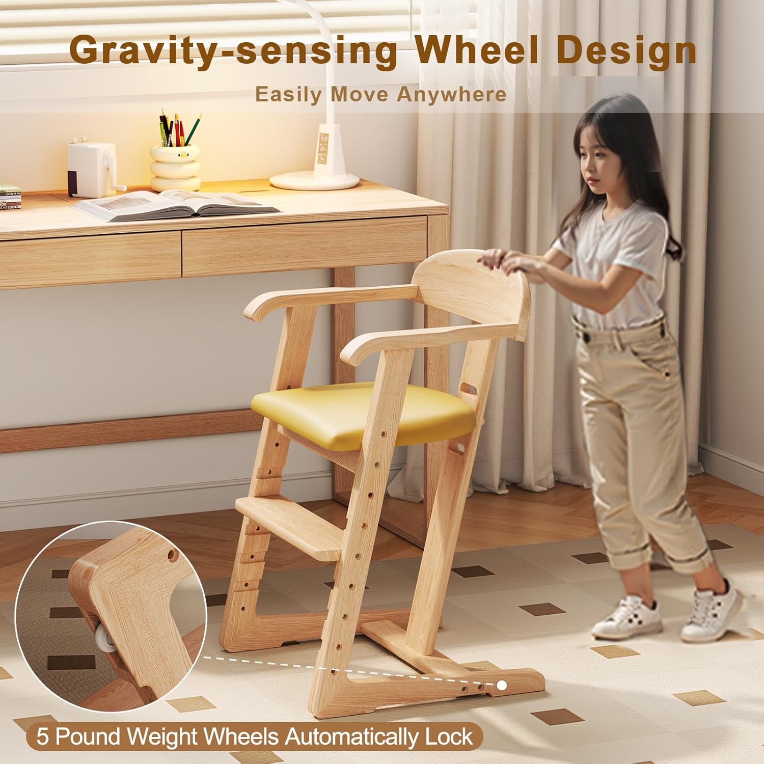 DOMGMUWUJEE Solid Wood Toddler Dining Chair - Adjustable Height Easy to Clean Toddler high Chair - Kids high Chair from 3 Years to 200 Lb, Grow with Child (Natural Yellow)