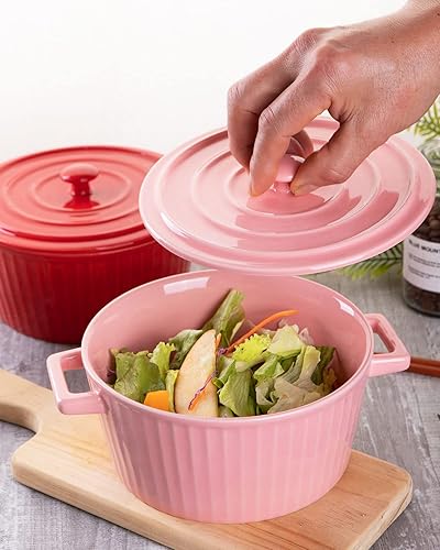 Miniatura 7 de WHJY Cacerola de cerámica rosa con tapa, cacerola de cerámica de 1 cuarto de galón para horno