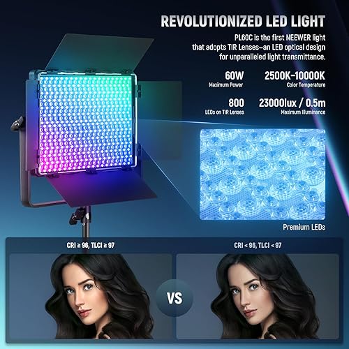 Miniatura 2 de NEEWER Paquete de 2 luces LED RGB PL60C con soporte de trípode acolchado de resorte de 6.6 pies6.6 ft, control APP2.4GDMX, 60W 2500-10000K Pro