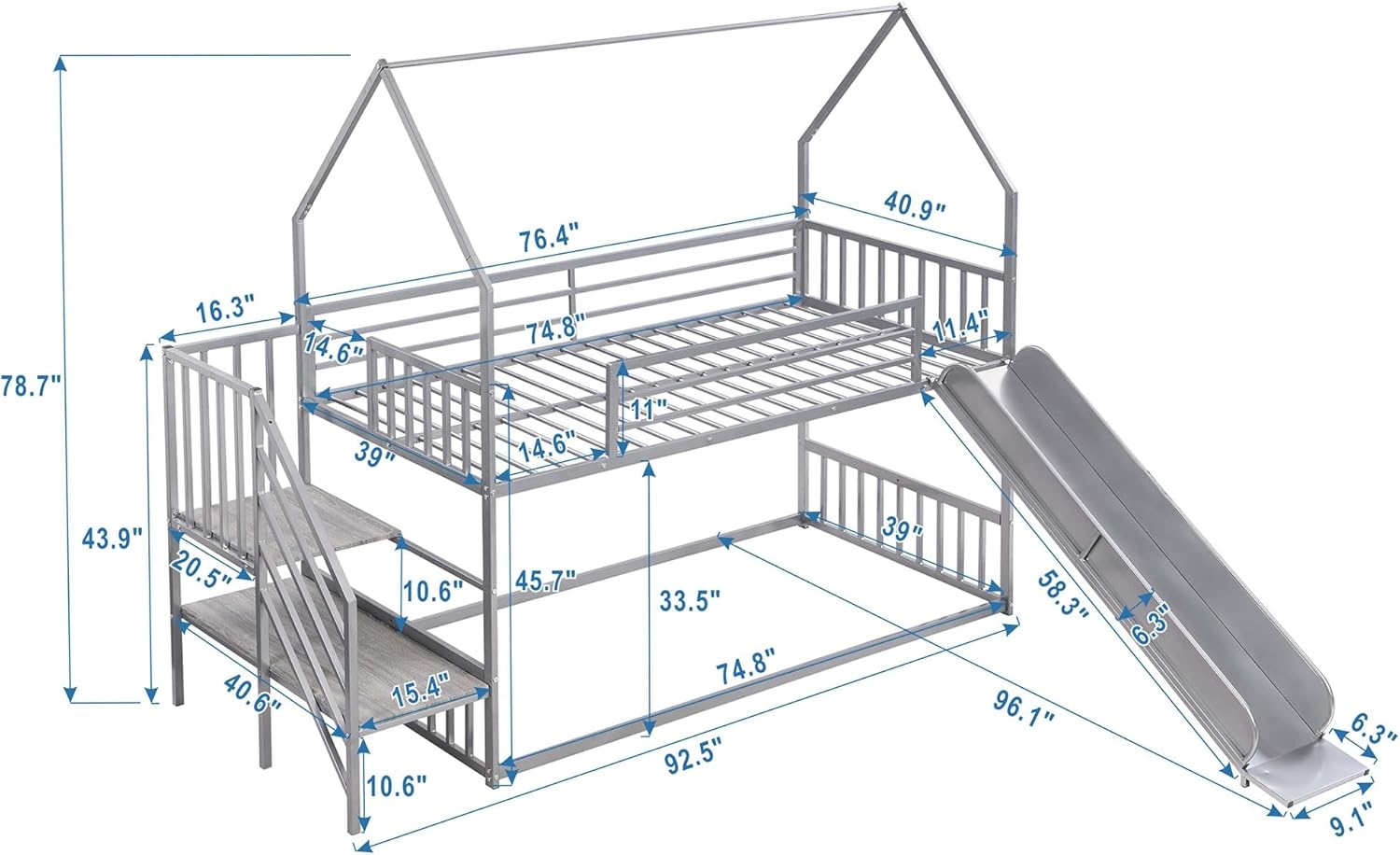 Twin Over Twin Metal Bunk Bed, Floor Bunk Bed Frame with Guardrails, Kids Bedroom Furniture with Slide and Staircase for Boys & Girls, Teens (Silver)