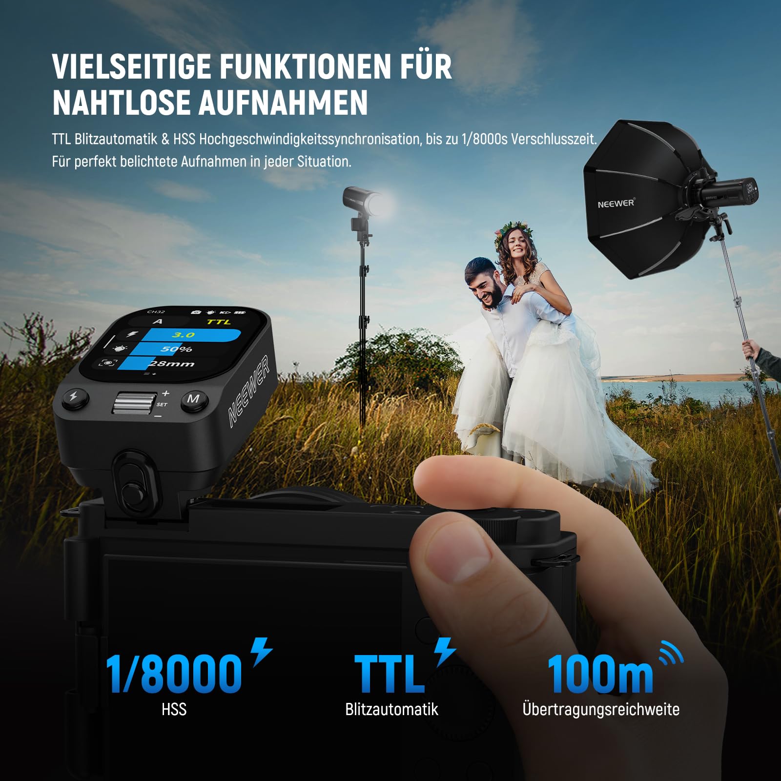 NEEWER QZ-S 2,4G TTL Funk Blitz Studio Blitzauslöser 1/8000s HSS kompatibel mit Sony Kameras ZV-E10 A6400 A7III A7IV Godox IT32 V1 V100 AD200 Pro II, 1000mAh Akku/cm Schalter/OLED Touchscreen