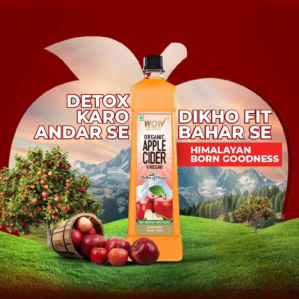 WOW Life Science Apple Cider Vinegar | Organic Himalayan Apples | Mother of Vinegar with Probiotics | For Weight Management, Reduced Bloating, Healthy Skin & Hair - Bottle of 750 ml