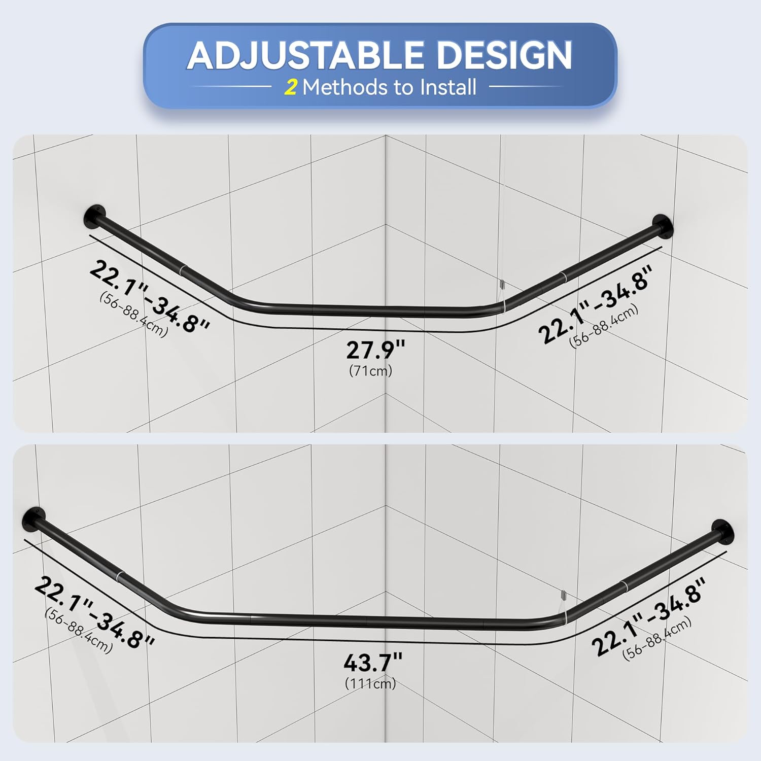 Corner Shower Curtain Rod, Diamond Shaped Shower Pole, Curved Shower Curtain Rod for Bathroom, 304 Stainless with 12 Ring Hooks & Ceiling Support [Sides: 22"-34.8", Middle: 28"-43.7"] (Black)