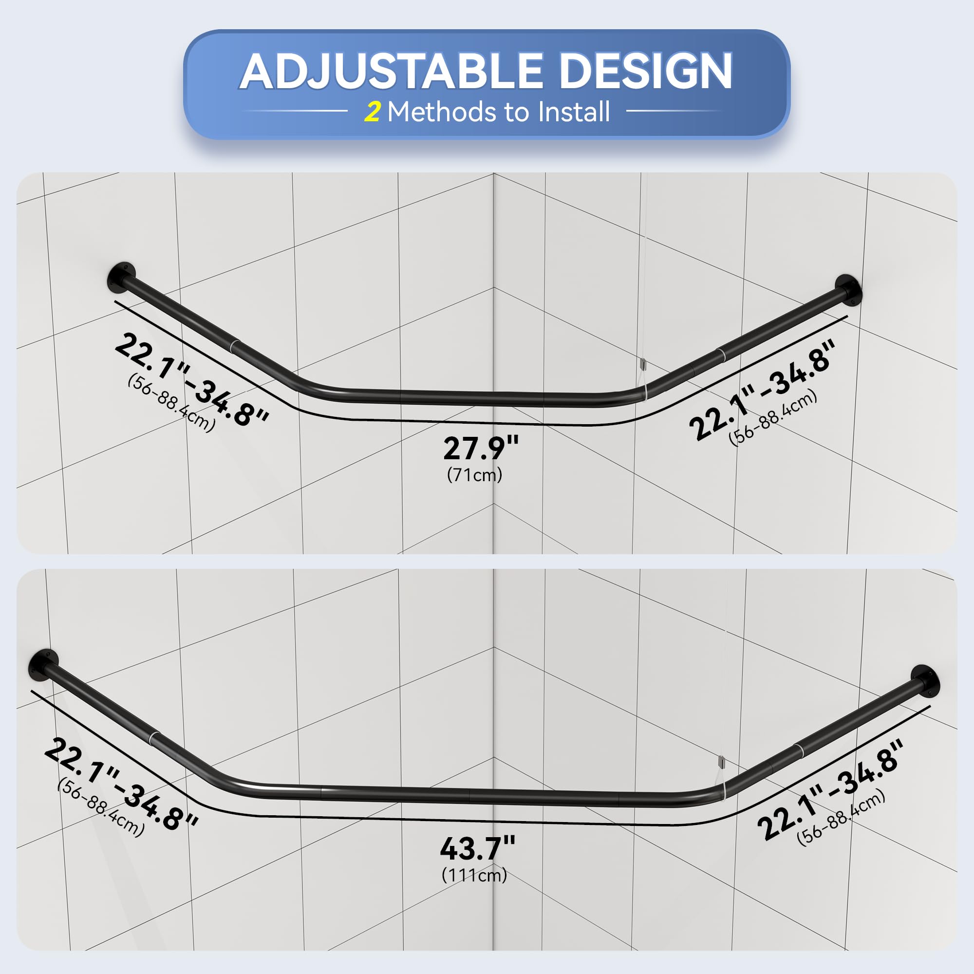 Tringle à rideau de douche en forme de diamant, barre de douche d'angle réglable avec 12 anneaux de rideau et support de plafond pour baignoire/salle de bain, montage par perçage requis [Deux côtés