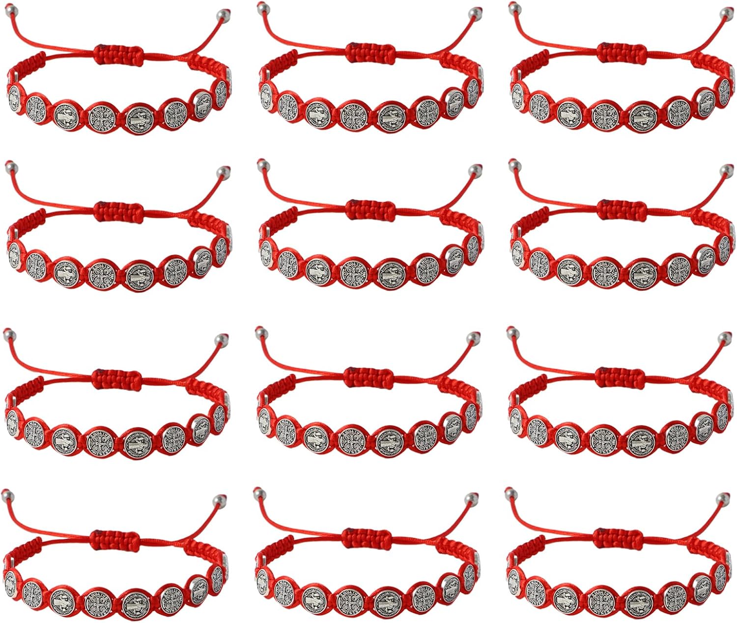 12 Pcs St Benedict Rosary Bracelet Set, Handmade Adjustable Red Cord with Medal & Cross, Religious Catholic Protection Jewelry Gifts for Women & Men
