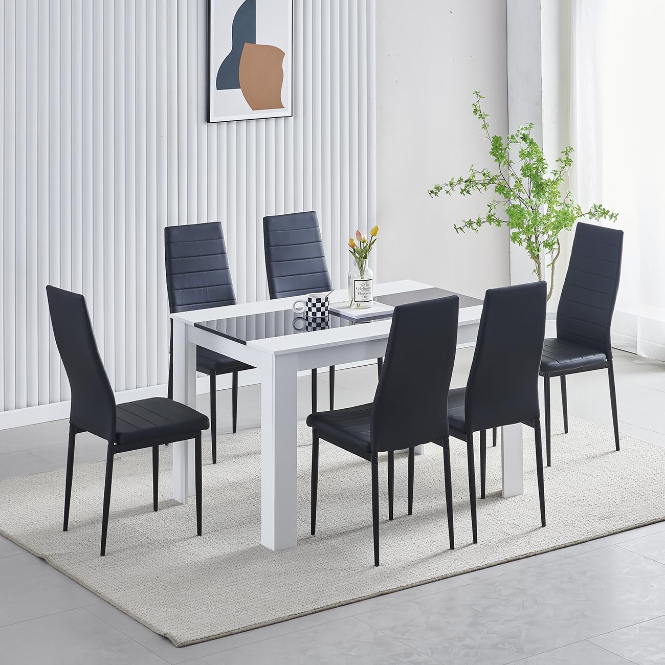 Menaka Wood Dining Table and Chairs Set of 4, Small Rectangular Kitchen Dinner Table with 4 Seaters (line black leather chairs, 120m line table, 6 seaters)