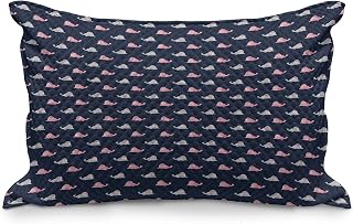 Lunarable Marine Quilted Pillowcover, Walrus Marine Mammal in Watercolor Themed Creative Ocean, Standard Queen Size Accent Pillow Cover for Bedroom, 30" x 20", Dark Blue Pink and Pale Grey
