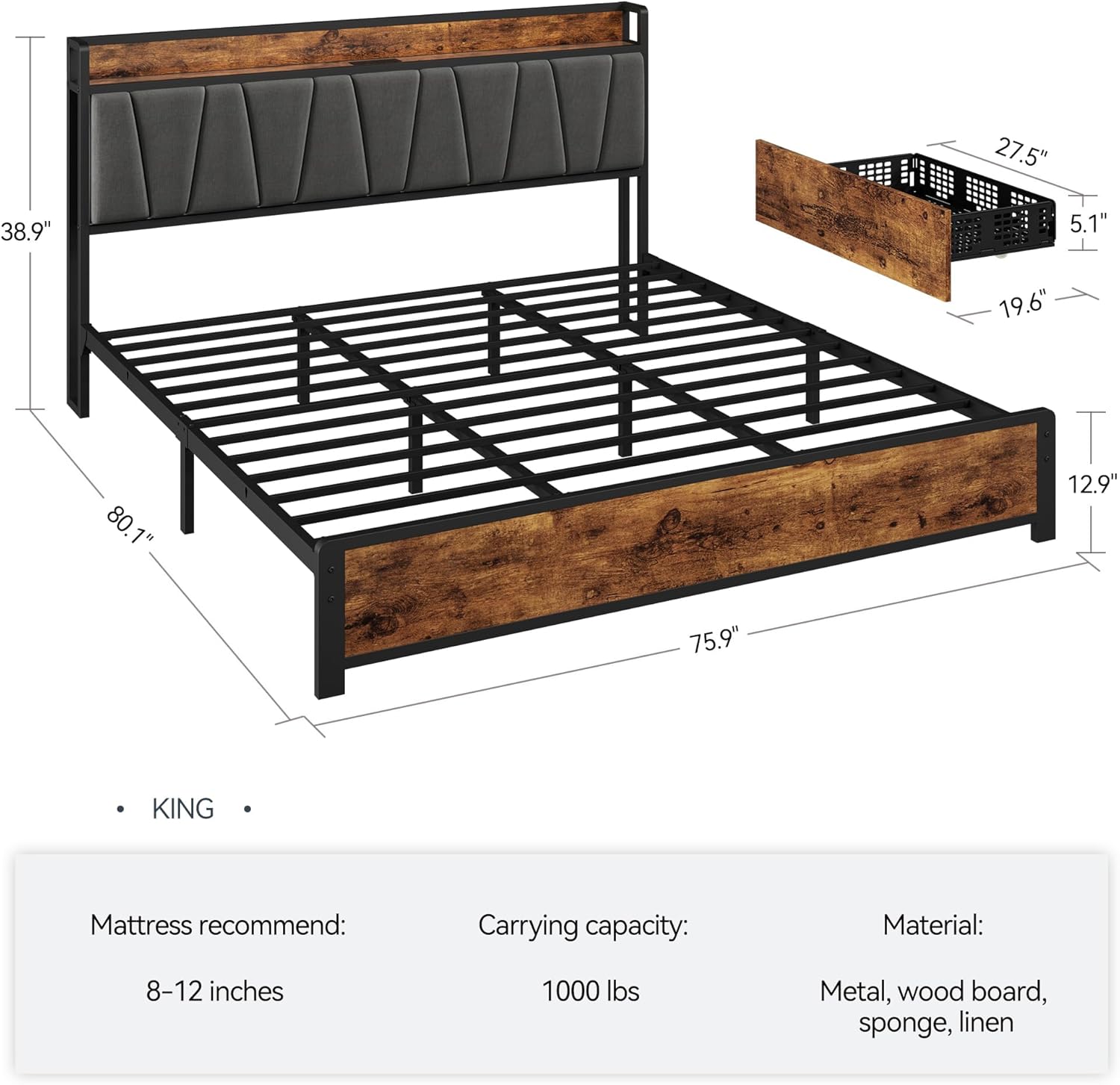 Garvee King Size Upholstered Bed Frame with 4 Storage Drawers, Storage Bed wtih Headboard, Charging Stastion，Heavy Duty Metal Platform Bed Frame, Noise Free Slats, No Box Spring Needed, Rustic Brown