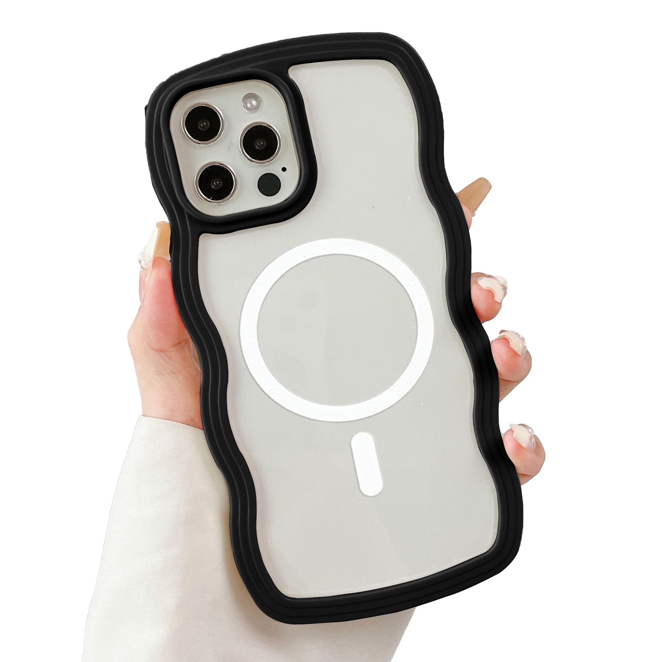 XIZYO Custodia magnetica trasparente per iPhone 13 Pro Max compatibile con MagSafe, graziosa cornice trasparente a onde ricce design estetico custodia morbida in TPU, per donne e ragazze, custodia