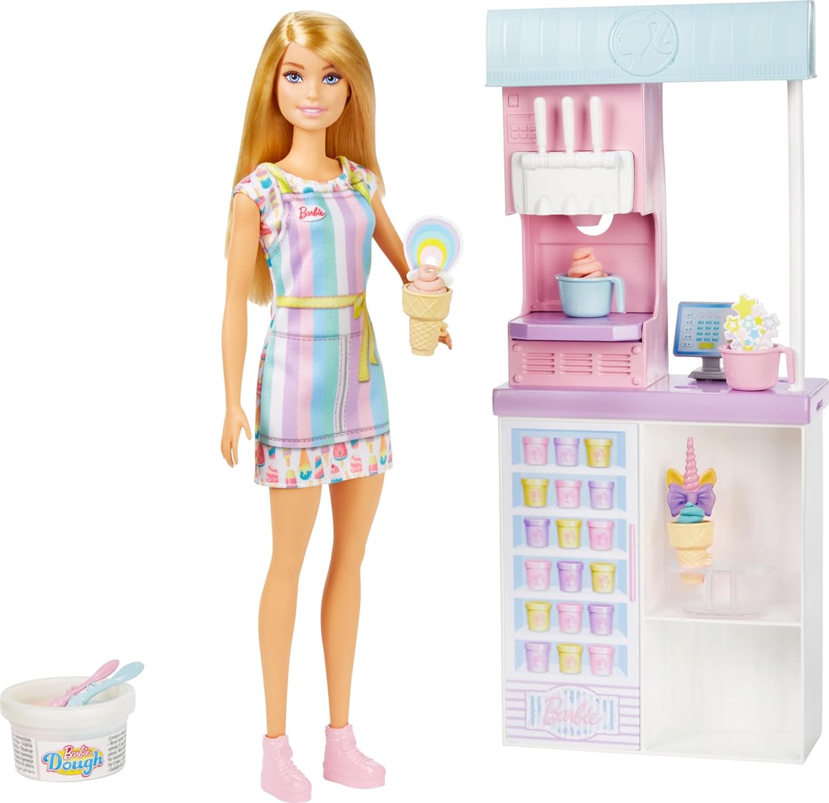 Barbie Careers Playset, juego de heladería con muñeca de moda rubia, máquina de helados, moldes, masa y accesorios