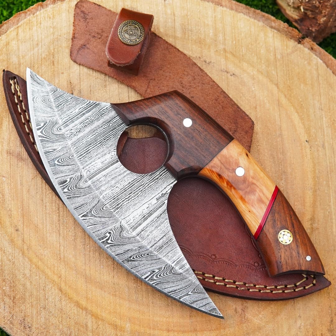 Handmade Damascus Fixed Blade Hunting Knife, Wood Handle with Leather Sheath, 9 Inch Curved Alaskan Blade, for Hiking and Camping, Ambidextrous