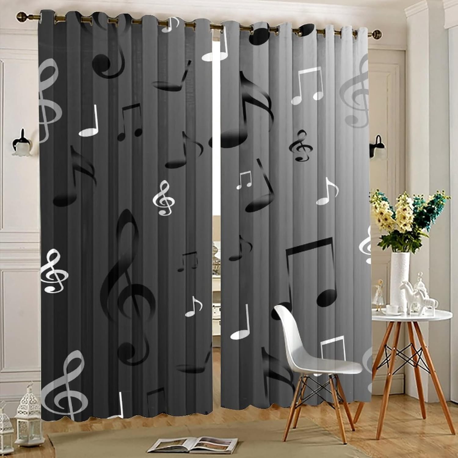 Vintage Musical Notes Theme Room Darkening Blackout Window Curtains with Grommets,Rustic Black Grey Symbol Music Design Energy Efficient Window Treatment for Living Room 2 Panels 63L x 21W