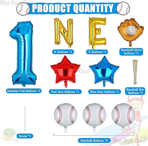 Miniatura 2 de Novato del año 1er cumpleaños decoraciones de béisbol de papel de aluminio número 1 globos azules juego uno dorado primer cumpleaños suministros