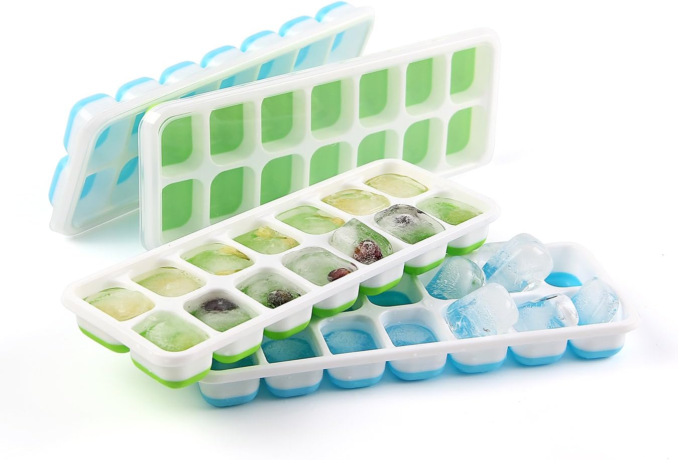 Ice Cube Trays with No-Spill Lid, BPA Free Silicone Ice Cube Marker Molds Easy to Pop Out, Perfect for Water, Cocktail and Drink, Set of 4