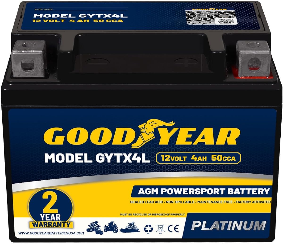 Goodyear GYTX4L - 12 voltios 4 AH, 50 CCA, batería recargable de alto rendimiento, sin mantenimiento, SLA - AGM para motocicletas, vehículos todo terreno, UTV, vehículos de 4 ruedas, motos de nieve, embarcaciones y más.