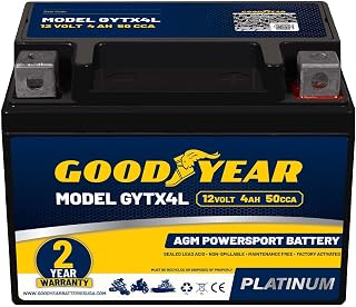 Goodyear GYTX4L - 12 Volt 4 AH, 50 CCA, Rechargeable High-Performance, Maintenance Free, SLA - AGM Battery for Motorcycle, ATV, UTV, 4-Wheeler, Snowmobile, Watercraft and more!