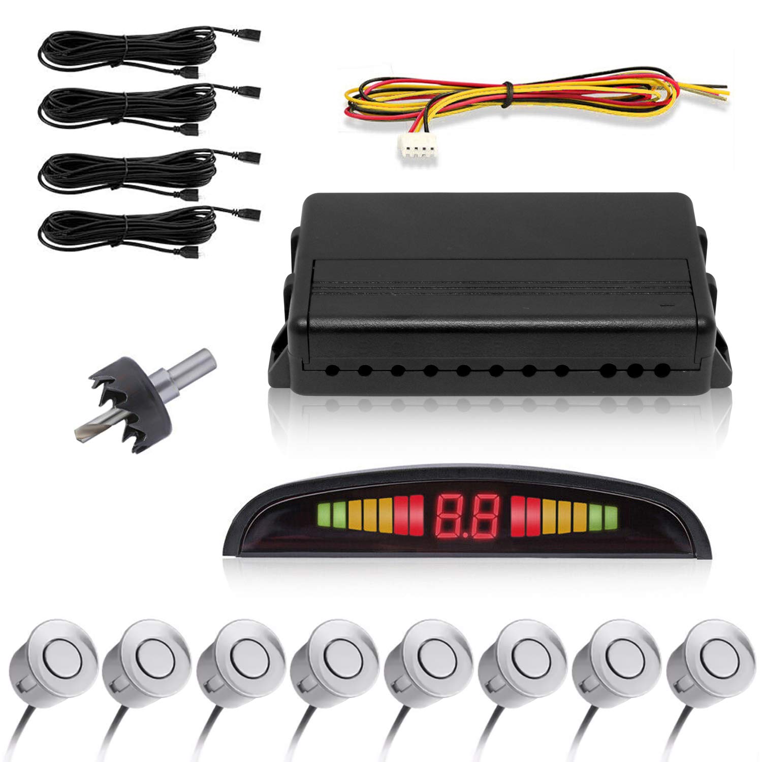 FABTEC Car Reverse Parking Sensor with Front Sensor Kit LED Display Sound Warning 8 Sensor