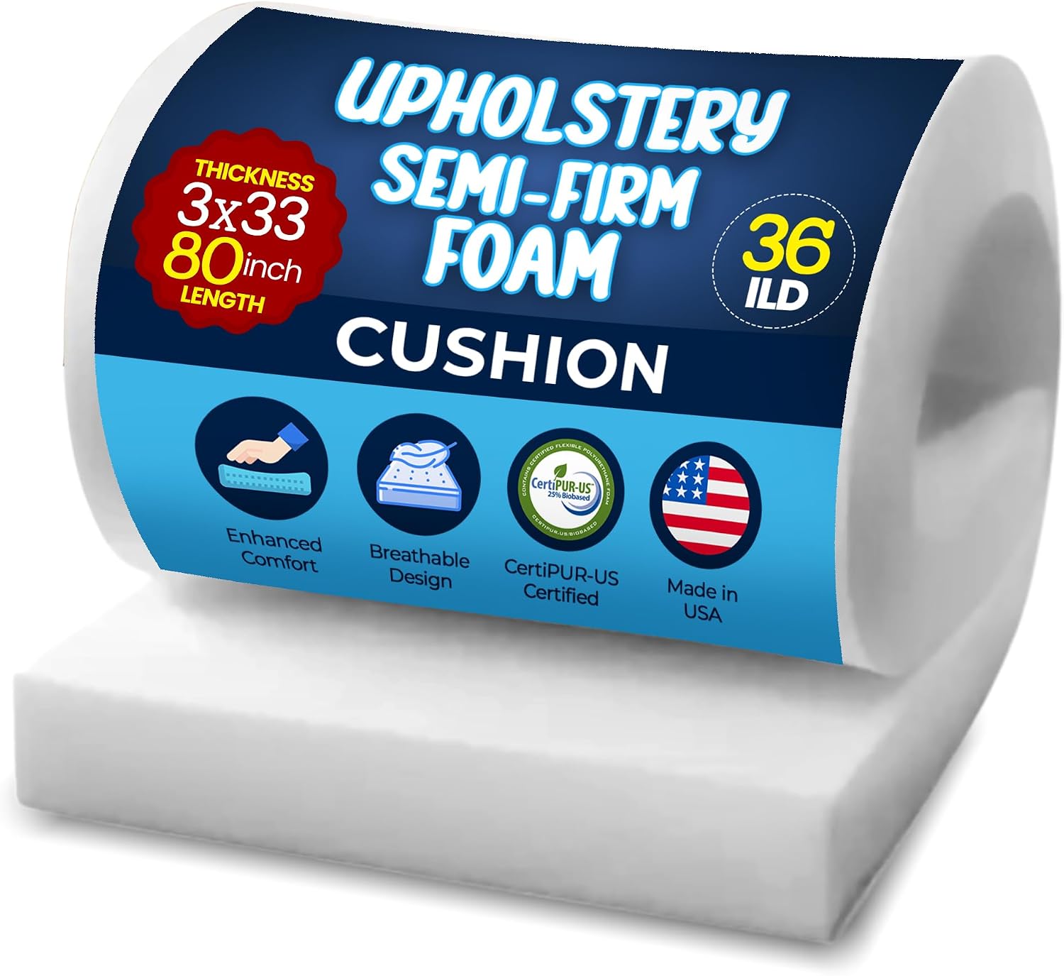 Upholstery Foam Cushion 3" H x 33" W x 80" L (Semi Firm) 36ILD High Density Upholstery Foam Cushion CertiPUR-US Certified, Made in USA