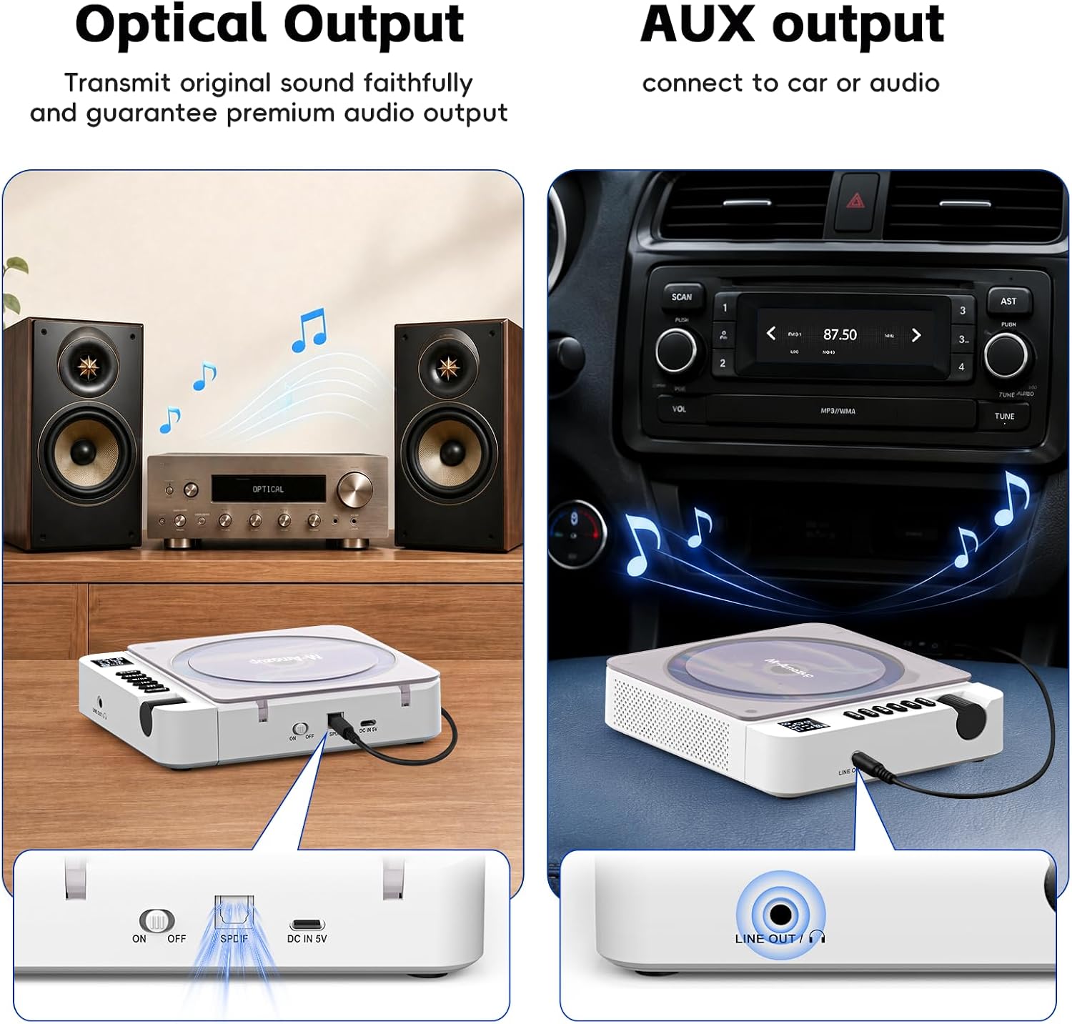 M-Amazup Portable Bluetooth CD Player, Rechargeable with Dual Stereo Speakers, for Car Home, Bluetooth Receiver& Transmitter, FM Transmitter, White