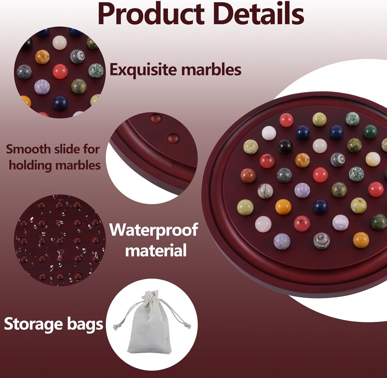 HOROW 12.6 Inches Large Marble Solitaire Board Game Wooden Classic Natural Stone Marbles Solitaire Game Set Containing 36 Colored Natural Stone Marbles Strategy and Smart Games (red Walnut)