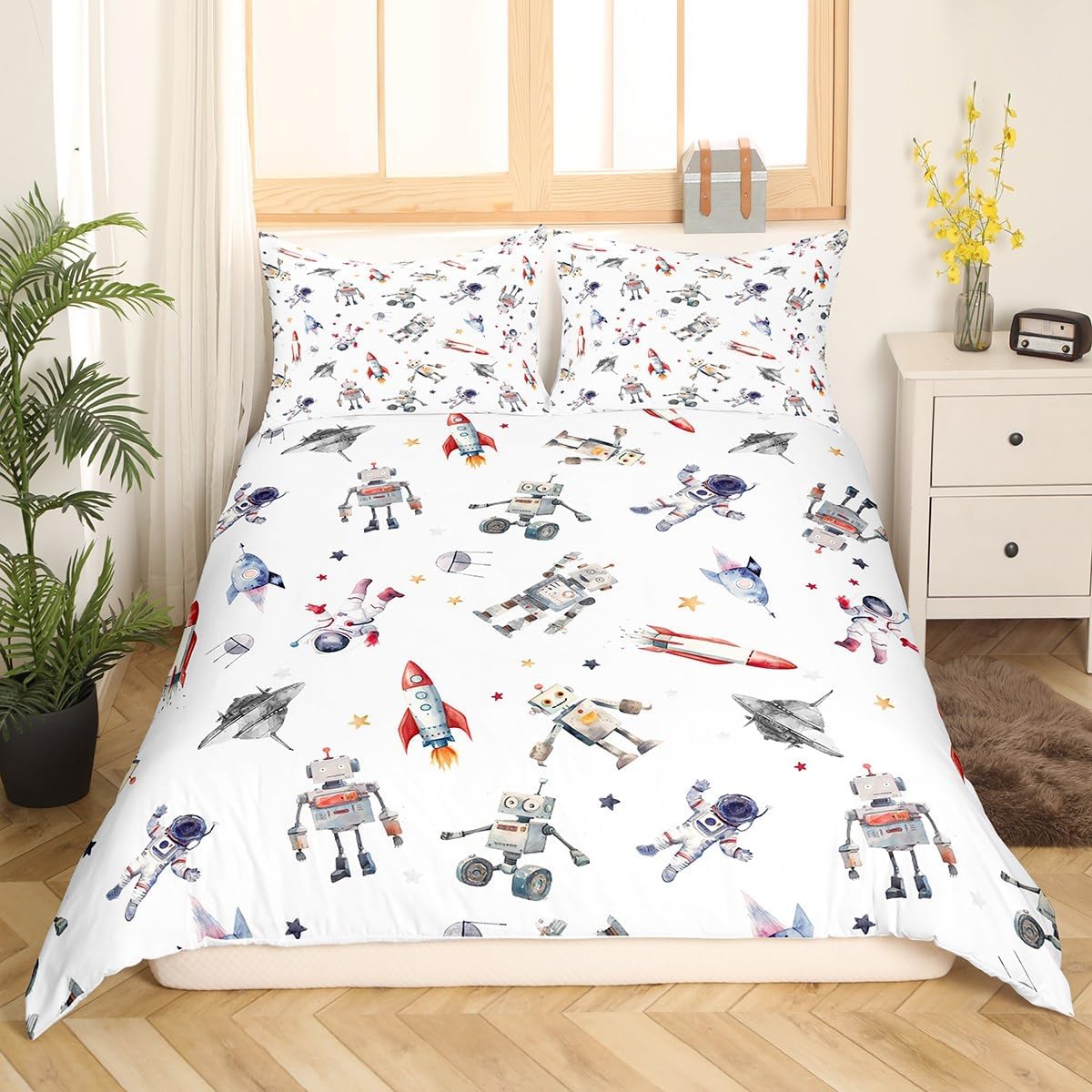 Kids Robot Duvet Cover Set Queen Size,UFO Spaceship Astronauts Bedding Set for Boys Girls Child Room Decor,Cute Aircraft Stars Print Comforter Cover Space Adventure White Quilt Cover,2 Pillowcases
