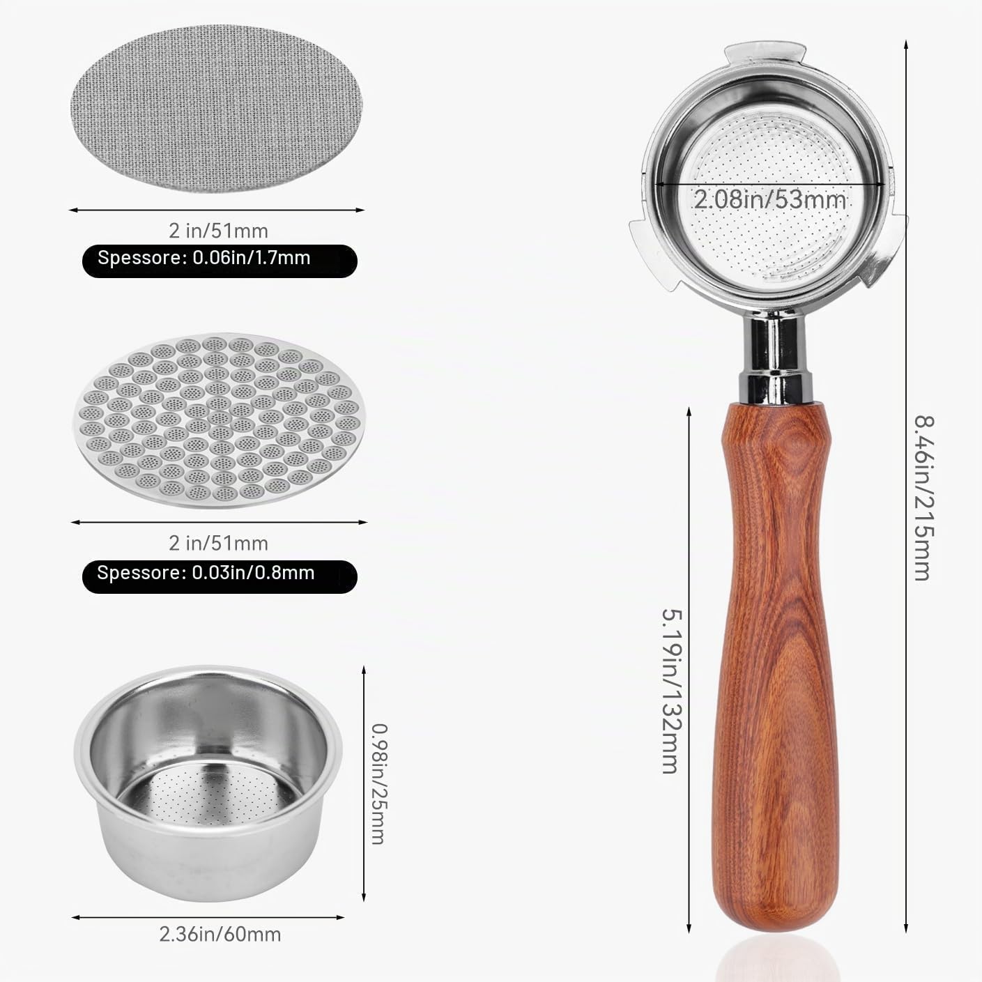 Portafiltro Senza Fondo da 51mm con Schermo a Disco compatibile per DeLonghi EC680/EC685, portafiltro da 51 mm con cestello filtro in acciaio inox manico in legno