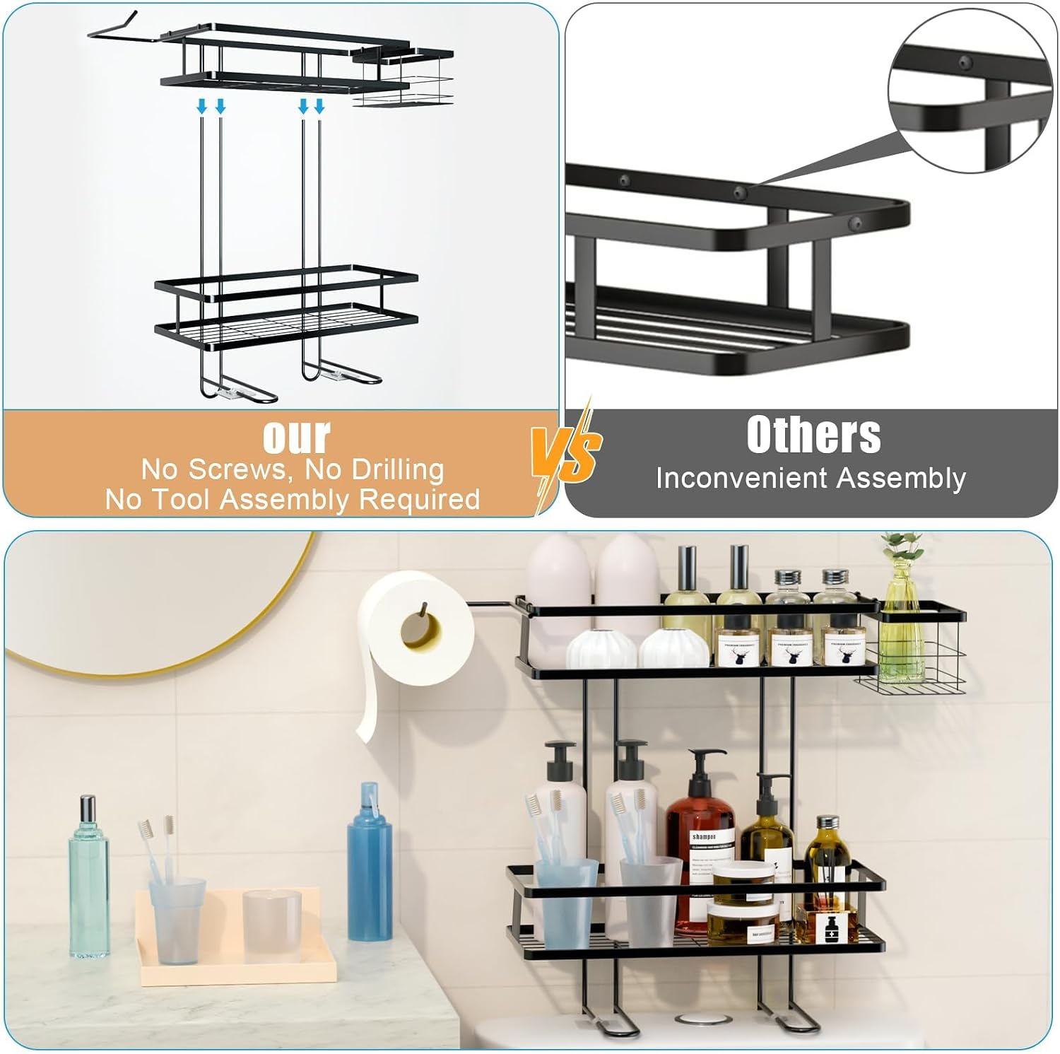 IIQ Over The Toilet Storage,2-Tier Bathroom Organizer Over Toilet with Removable Basket Paper Holder, Above Toilet Storage with Non-Trace Adhesive, No Drilling Toilet Organizer