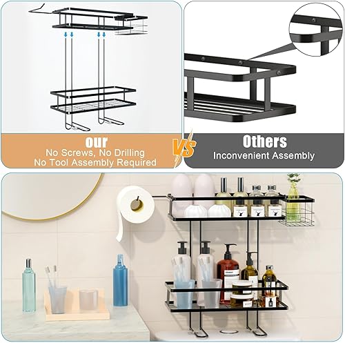 Miniatura 5 de Almacenamiento sobre el inodoro, organizador de baño de 2 niveles sobre el inodoro con cesta extraíble, almacenamiento sobre el inodoro con adhesivo