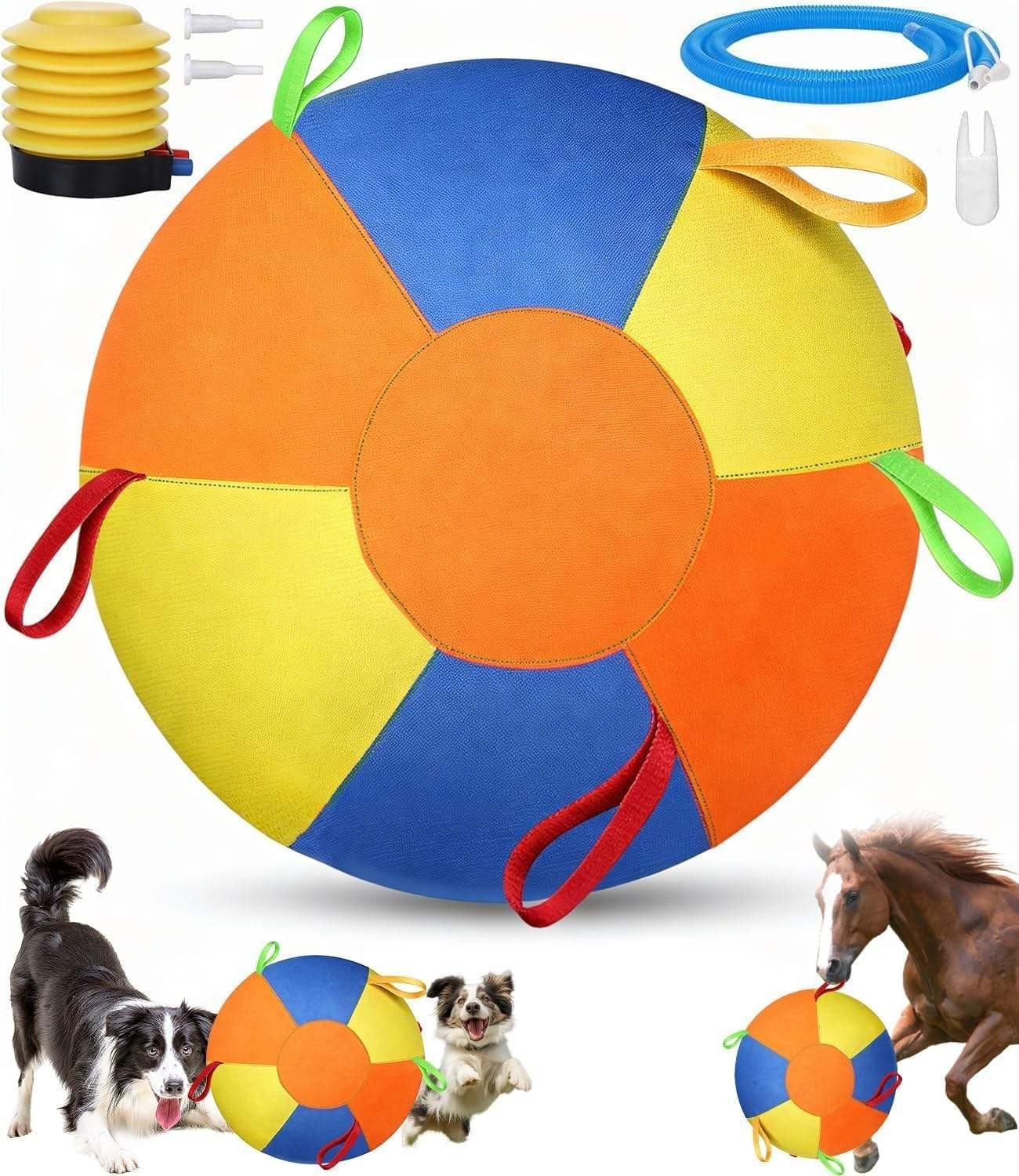 Calming Jumbo Ball for Dogs, Mellow Giant Herding Ball with Tabs & Handles, Durable Tear-Resistant Inflatable Yuge Dog Ball with Heavy-Duty Handle Cover & Pump (18in)