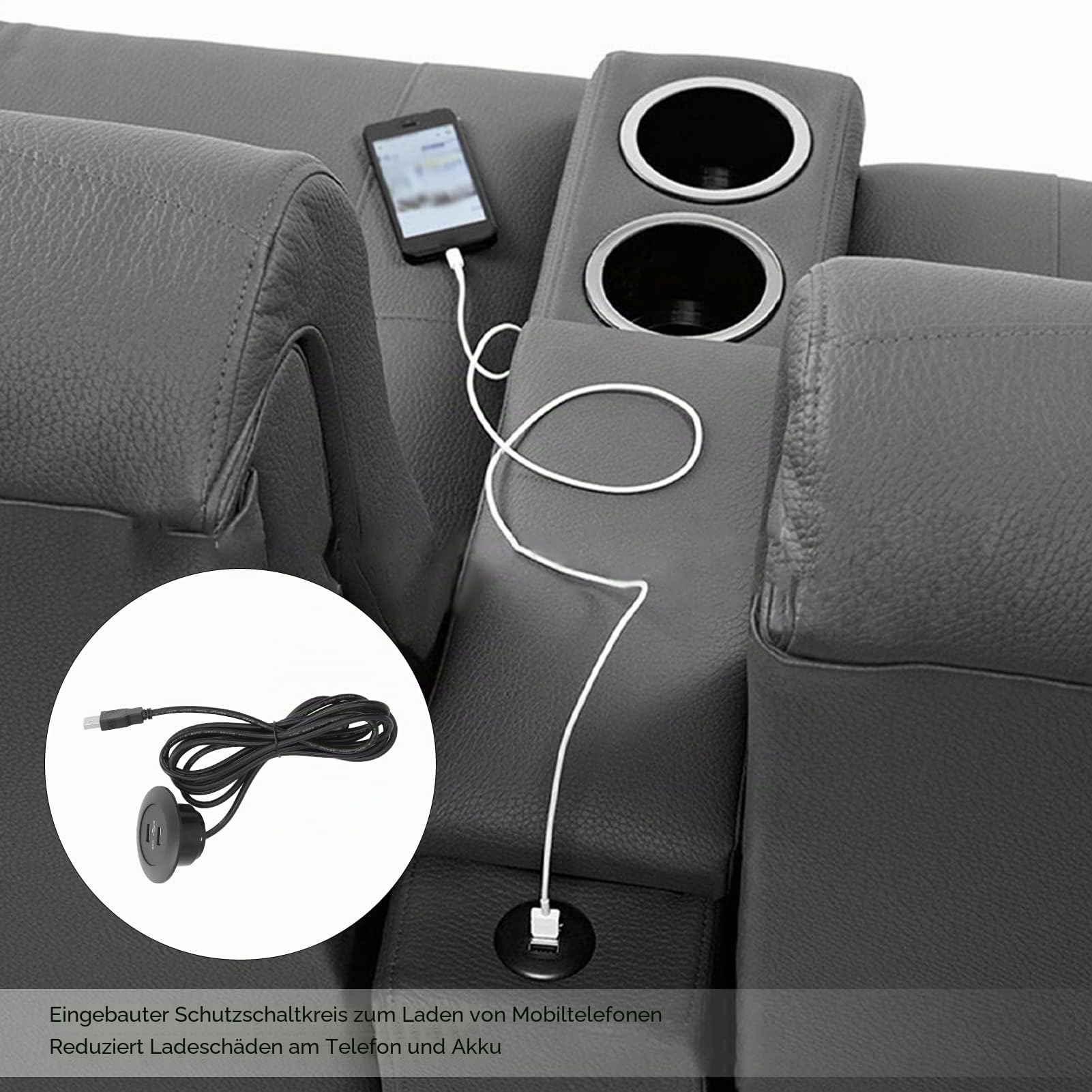 Septpenta Sofa Dual USB Ladebuchse, Einbau Power Hub, ABS Material, 2,5 M Langes Kabel, Geeignet für Den Heim und Bürogebrauch(Schwarz)