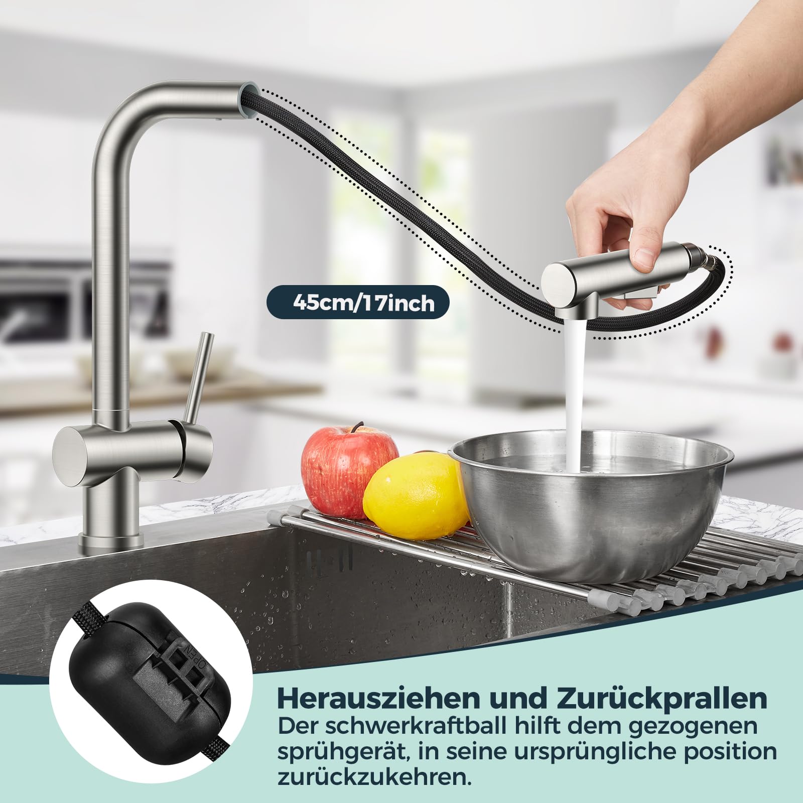 FORIOUS Küchenarmatur, Wasserhahn Armatur Küche Ausziehbar Brause Edelstahl, Einhebel Mischbatterie Spülarmaturen, 360° Drehbar und Doppelfunktionsbrause