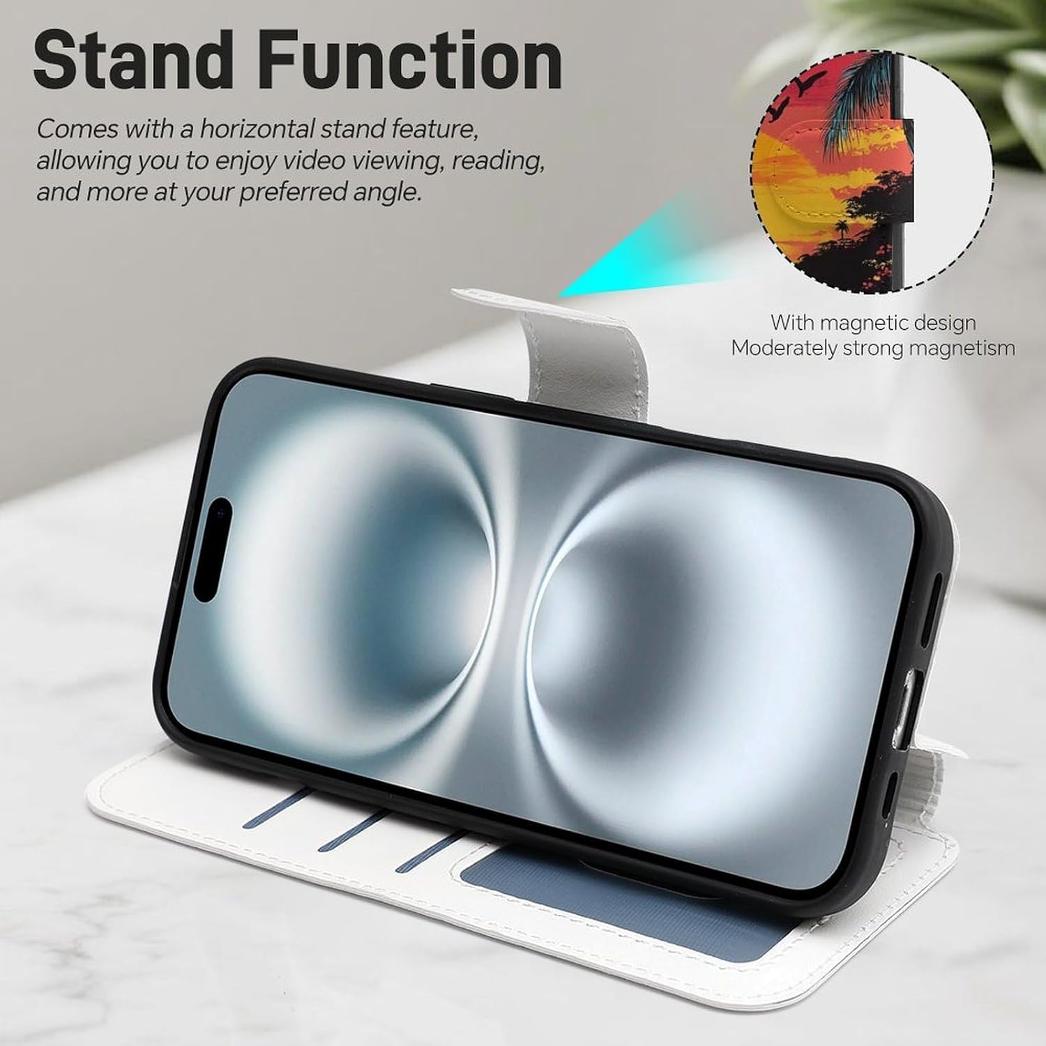 Hawaiian Sunset Palm Trees Compatible with iPhone 16/16 Plus/16 Pro/16 Pro Max/16 E Case Phone Wallet Card Holder Flip Cover with Wrist Strap