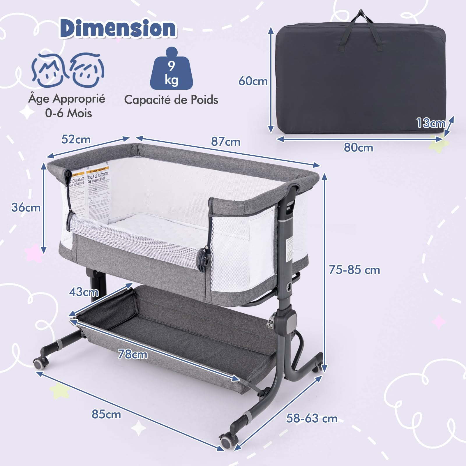 COSTWAY Lit Cododo Bébé Pliable 6 Hauteurs Réglables + Matelas – Inclinable, Roues Avec Freins, Gris Foncé 0-6 Mois