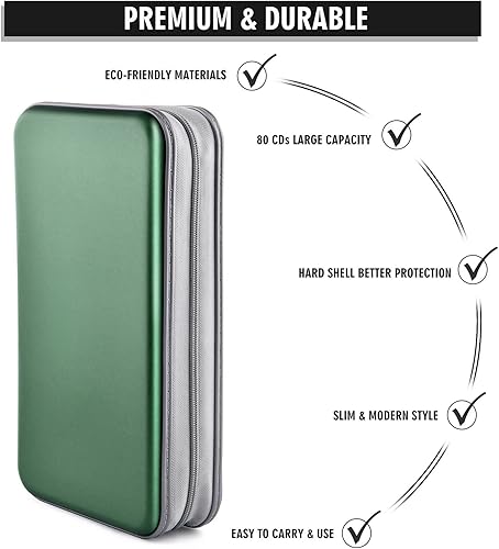 Miniatura 3 de Bivisen Funda para CD, 80 de capacidad, DVD, VCD, multimedia, Blu-ray, soporte para cartera, organizador de almacenamiento (verde oscuro)