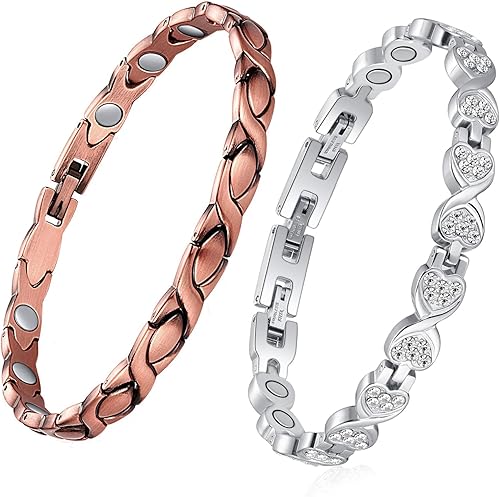 Feraco 2 pulseras de cobre y pulseras magnéticas para mujer con 3800 imanes de terapia Gauss, pulsera magnética de acero de titanio con circonita