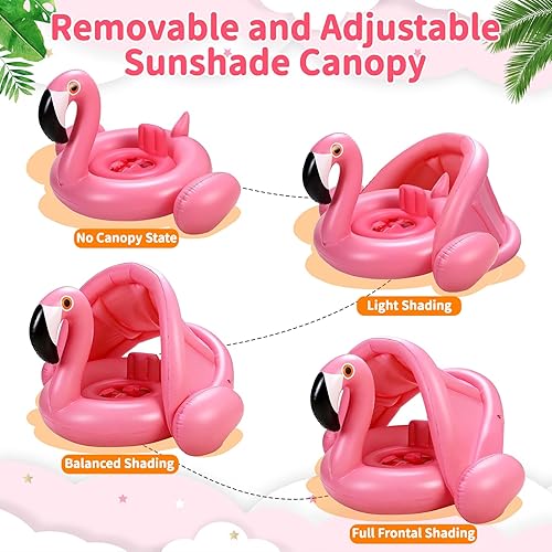 Vista 4 de Flotador de piscina para bebé Flamingo con toldo UPF 50+, flotador de piscina para niños pequeños con parasol extraíble y ajustable, flotador