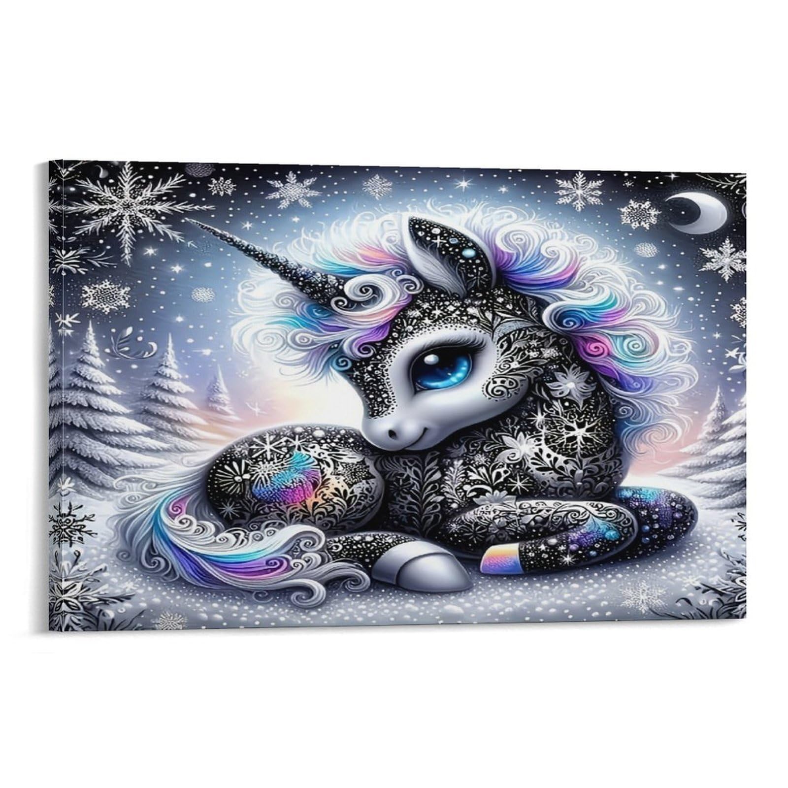 CPLVKWRQJ Snowy Unicorn Art 1 Piece Ornate Dark Unicorn Snowy Moon Star Night Canvas Artwork - Living Room Gallery Wall Statement Piece Fade Resistant Decor 08x12inch(20x30cm)