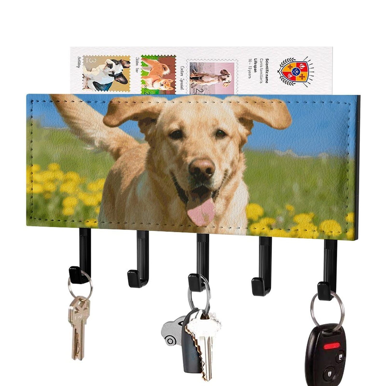 DWVTSLH Running Golden Retriever Key Holder for Wall, Decorative Key Hooks with Mail Organizer & 5 Hooks, Self Adhesive Leather Key Hanger for Entryway, Wall Mounted Key Rack (7.1” X 4.3” X 0.9”)
