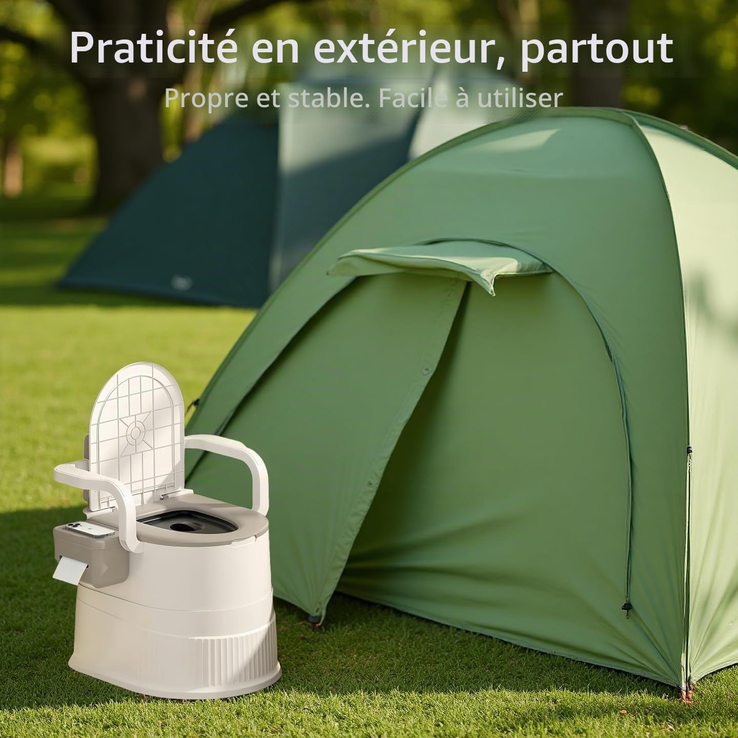 Chaise de Toilettes Portable avec Dossier et accoudoirs, Chaise de Toilettes compacte pour Camping-Car, Plein air, Personnes âgées et Femmes Enceintes, capacité de 150 kg, Facile à Nettoyer – Kaki