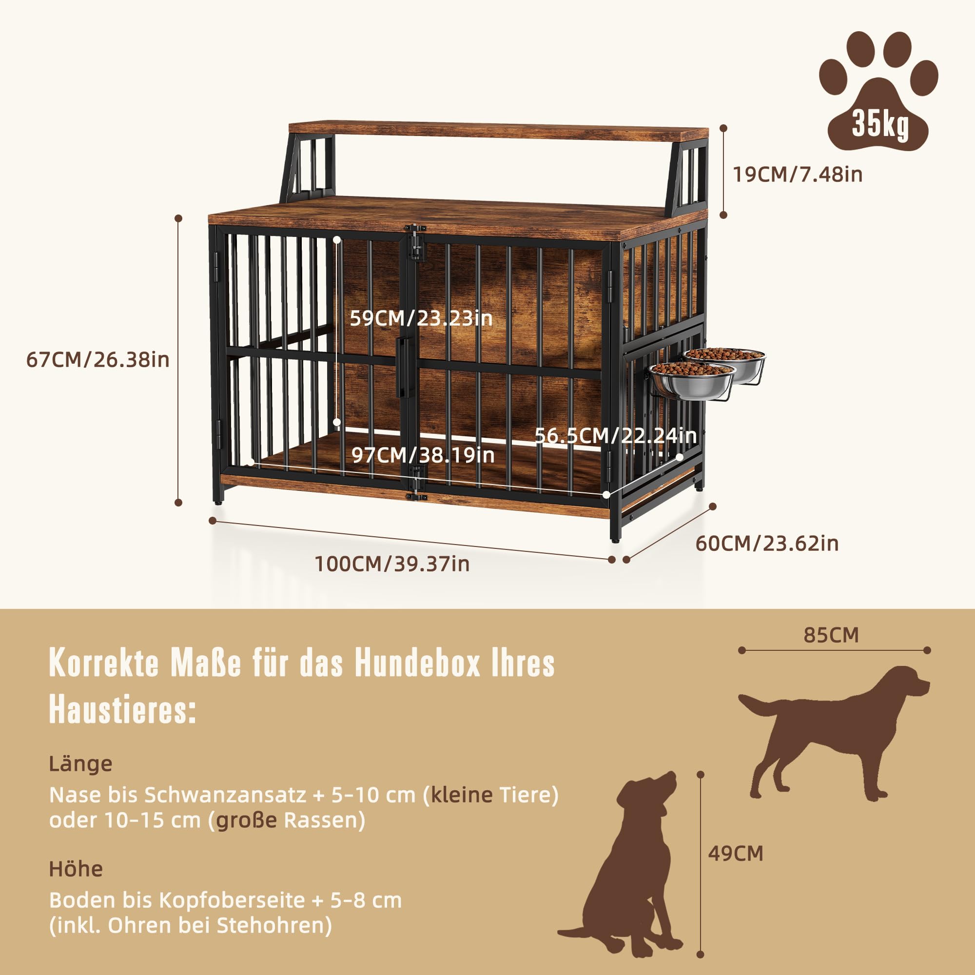 Gabbia per cani per la casa, 100 x 60 x 85 cm, gabbia per cani in legno con ciotole orientabili, cuccia in stile mobili con spazio per cani fino a 35 kg