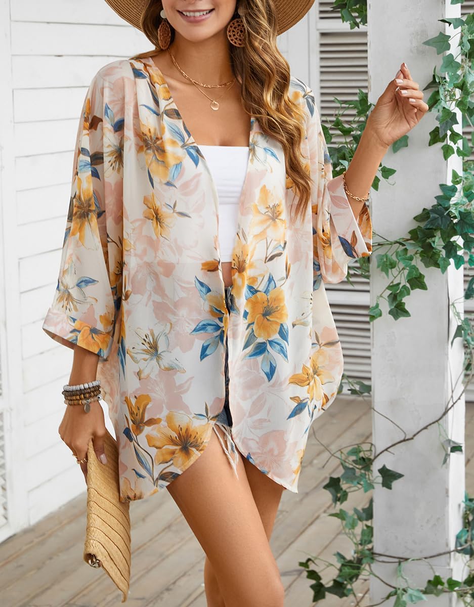 olrain Women's Floral Print Sheer Chiffon 3/4 Bat Sleeve Casual Loose Kimono Cardigan Capes - Image 3
