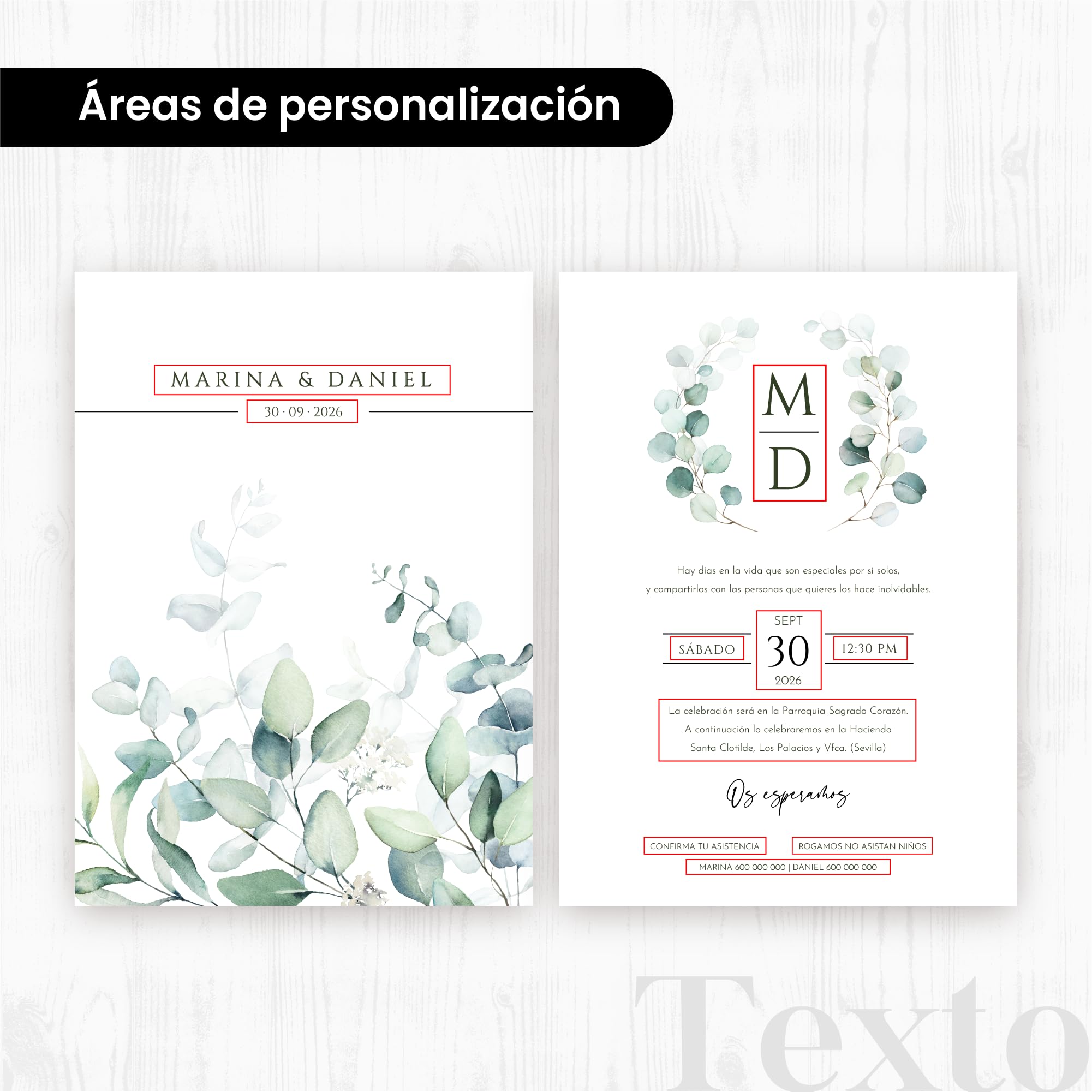 Invitaciones de Boda Personalizadas | Invitaciones de Boda Perfectas con Sobres Elegantes y únicos - Detalles para Invitados Eventos Especiales y Ceremonias Únicas - ONEPERSONAL (Eucalipto)