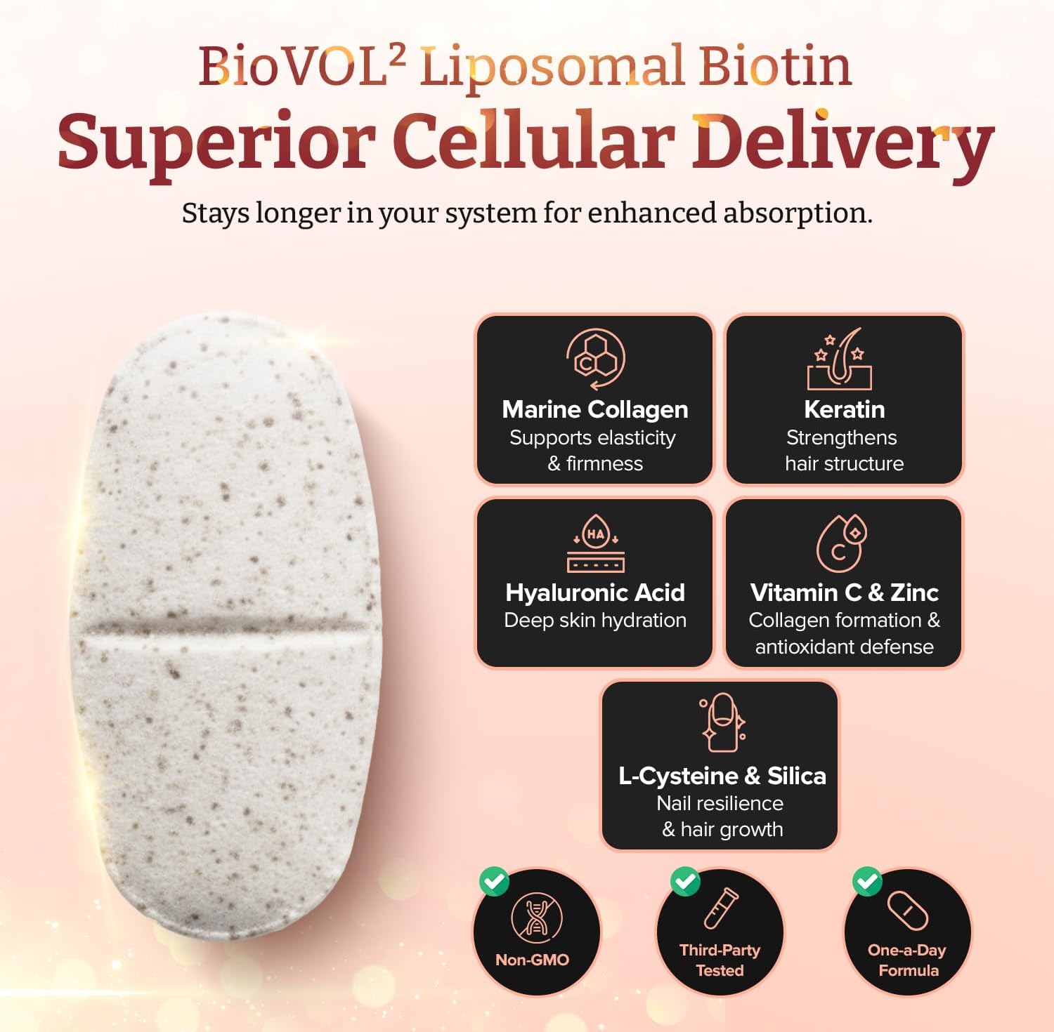 pureclinica 400% Strength Biotin 40,000mcg x 90 Caplets – BioVOL²® Liposomal Biotin Complex | with Marine Collagen, Keratin, Vitamin C & More | 3 Months Supply